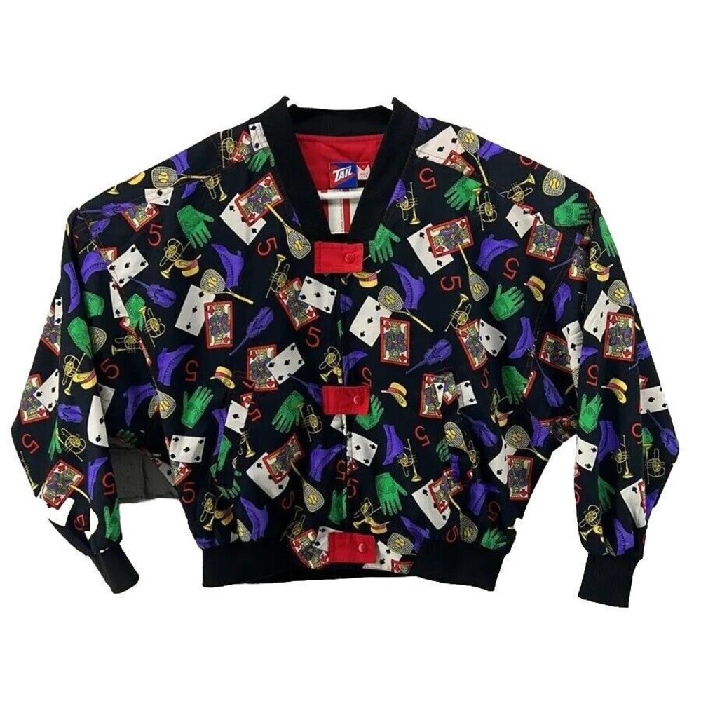Vtg Tail USA Poker Cards/Hands/Music  Black LS Zip Up Button Jacket Size Small